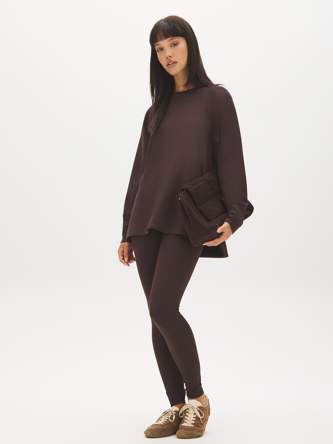 Dk Brown Cloud Fleece Tunic with Raglan Sleeves - Woman Wearing Long Sleeve Crew Neck Top - Suzy Shier