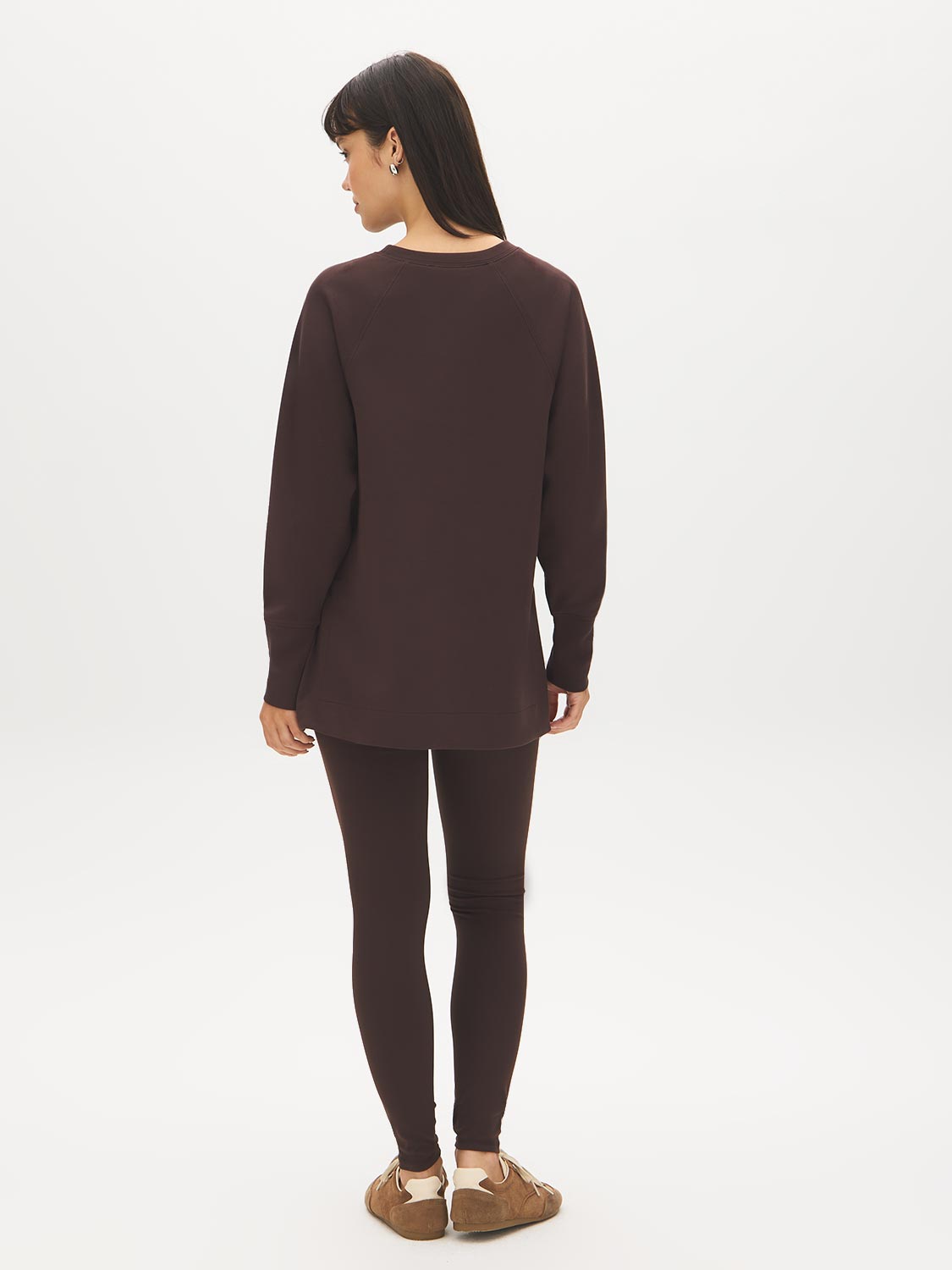 Dk Brown Cloud Fleece Tunic with Raglan Sleeves - Woman Wearing Long Sleeve Crew Neck Top - Suzy Shier