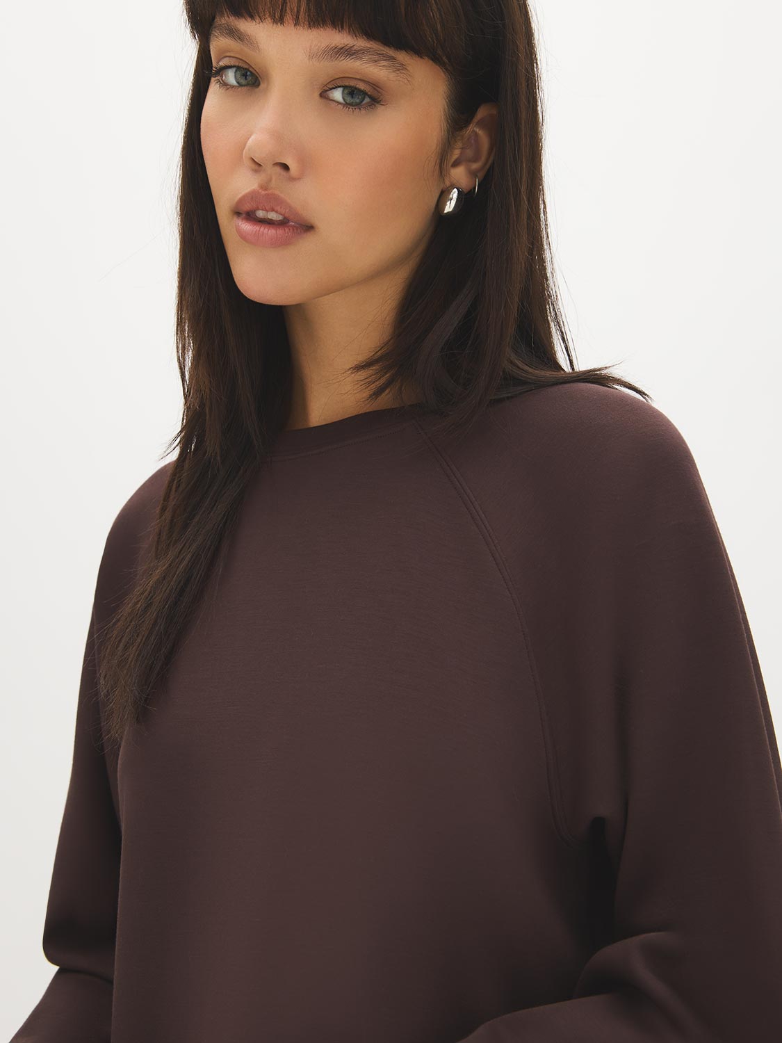 Dk Brown Cloud Fleece Tunic with Raglan Sleeves - Woman Wearing Long Sleeve Crew Neck Top - Suzy Shier