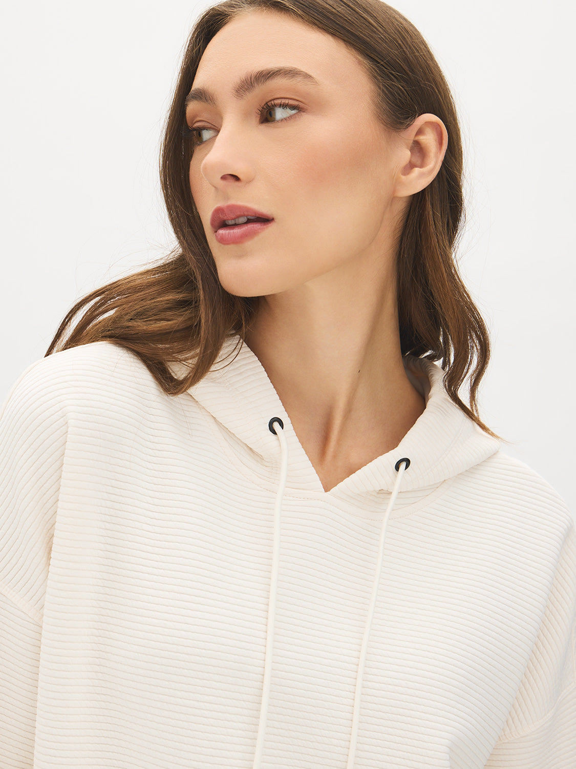 Winter White Ottoman Rib Hoodie with Kangaroo Pocket - Woman Wearing Cozy Knit Top - Suzy Shier
