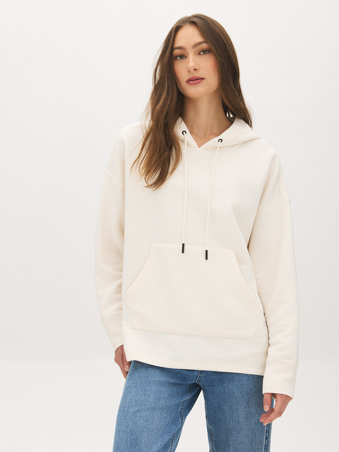 Winter White Ottoman Rib Hoodie with Kangaroo Pocket - Woman Wearing Cozy Knit Top - Suzy Shier