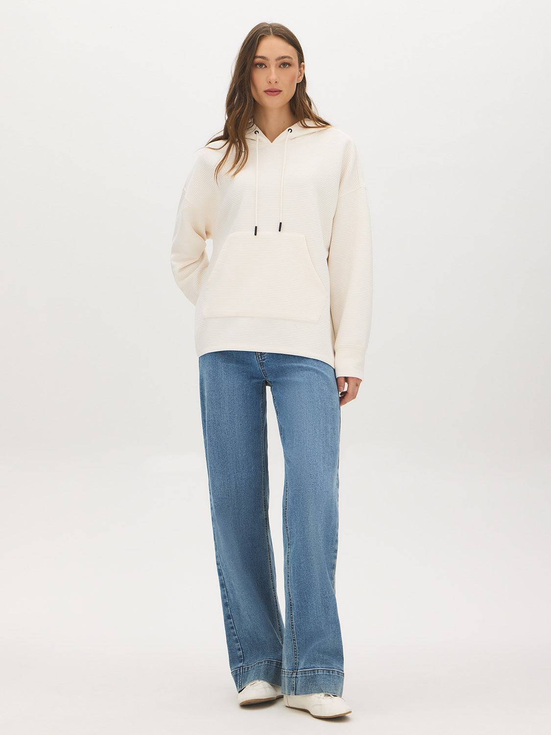 Winter White Ottoman Rib Hoodie with Kangaroo Pocket - Woman Wearing Cozy Knit Top - Suzy Shier