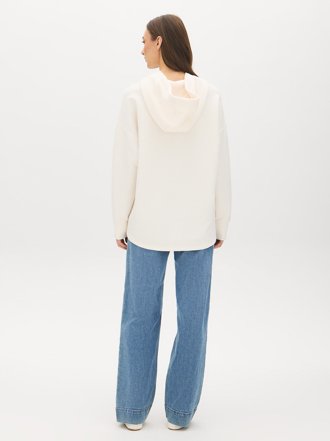 Winter White Ottoman Rib Hoodie with Kangaroo Pocket - Woman Wearing Cozy Knit Top - Suzy Shier