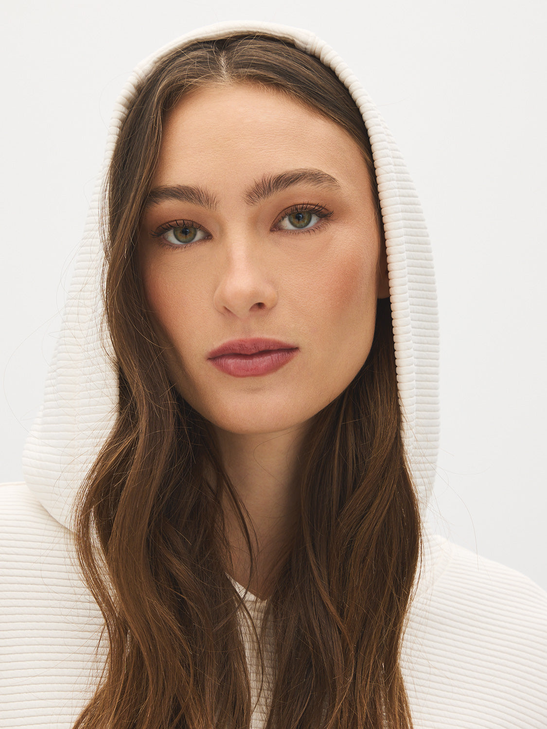 Winter White Ottoman Rib Hoodie with Kangaroo Pocket - Woman Wearing Cozy Knit Top - Suzy Shier
