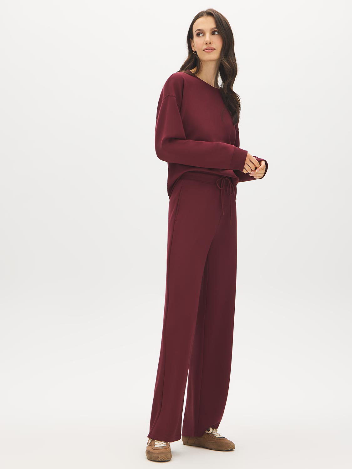 Wine Cloud Fleece Wide-Leg Pant - Woman Wearing Relaxed Fit Knit Pants - Suzy Shier