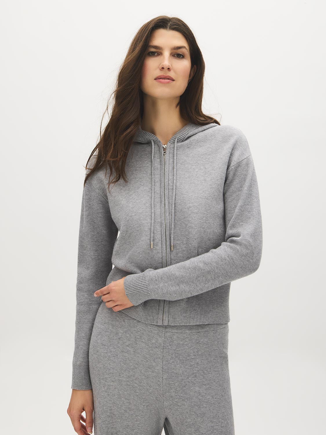 Grey Sweater Knit Straight Leg Pant - Woman Wearing Pull-On Knit Trousers - Suzy Shier