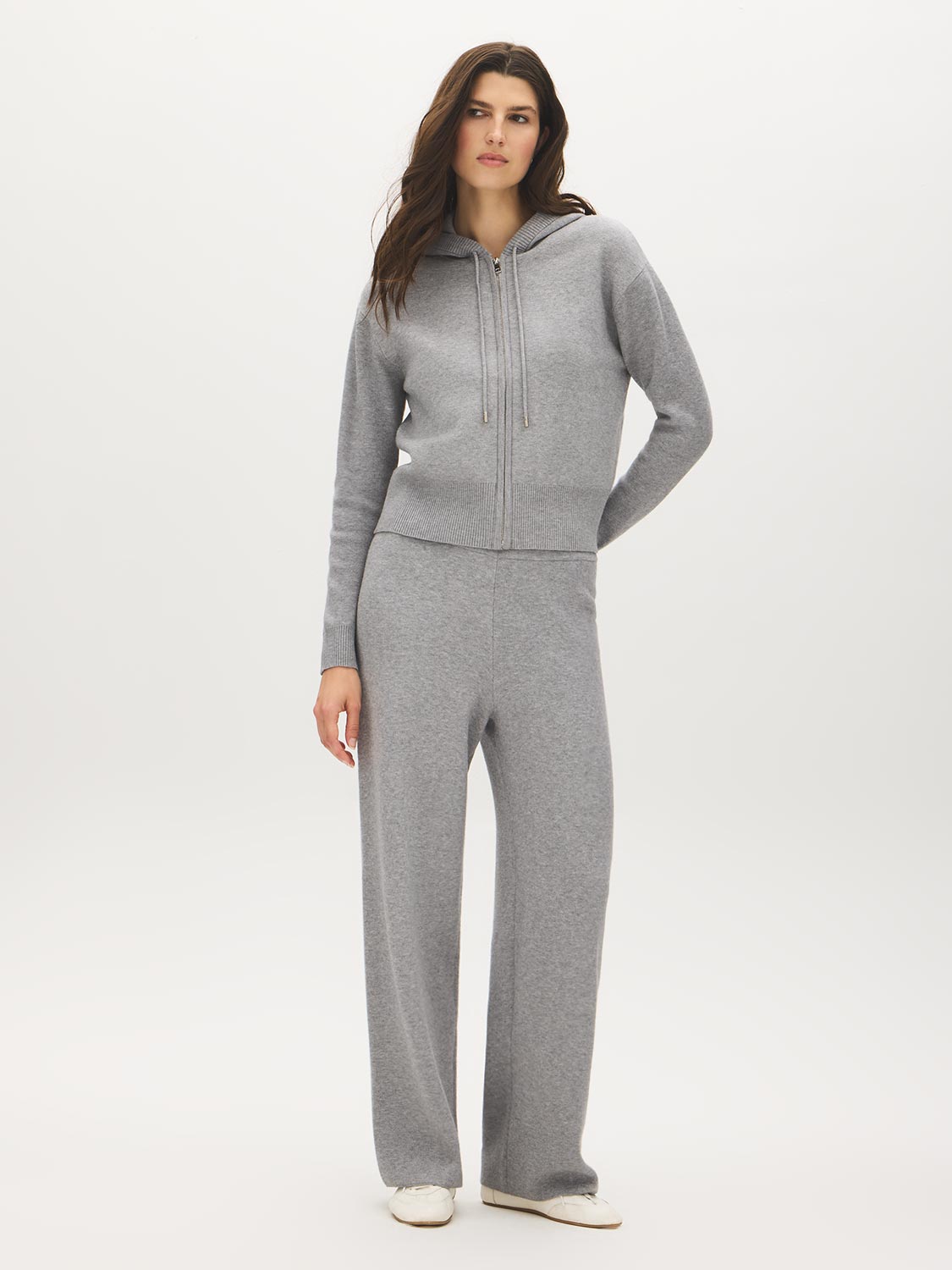 Grey Sweater Knit Straight Leg Pant - Woman Wearing Pull-On Knit Trousers - Suzy Shier