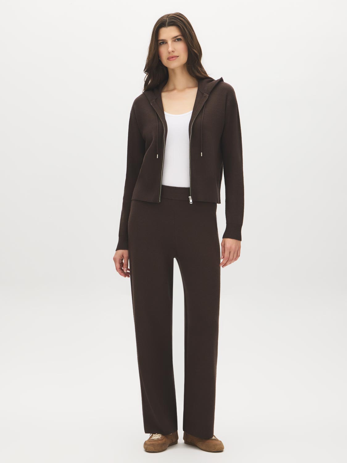Brown Sweater Knit Straight Leg Pant - Woman Wearing Pull-On Knit Trousers - Suzy Shier