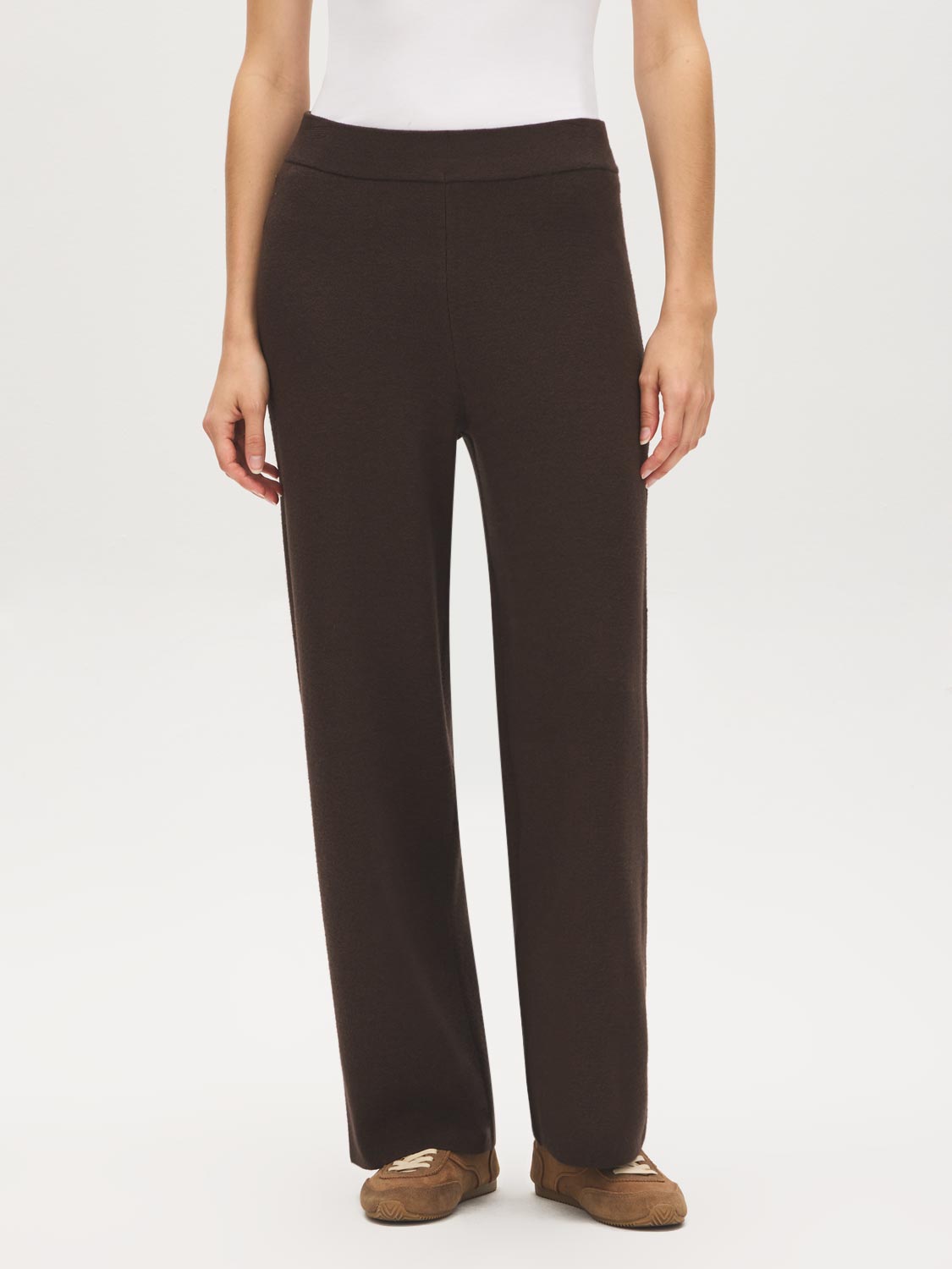 Brown Sweater Knit Straight Leg Pant - Woman Wearing Pull-On Knit Trousers - Suzy Shier