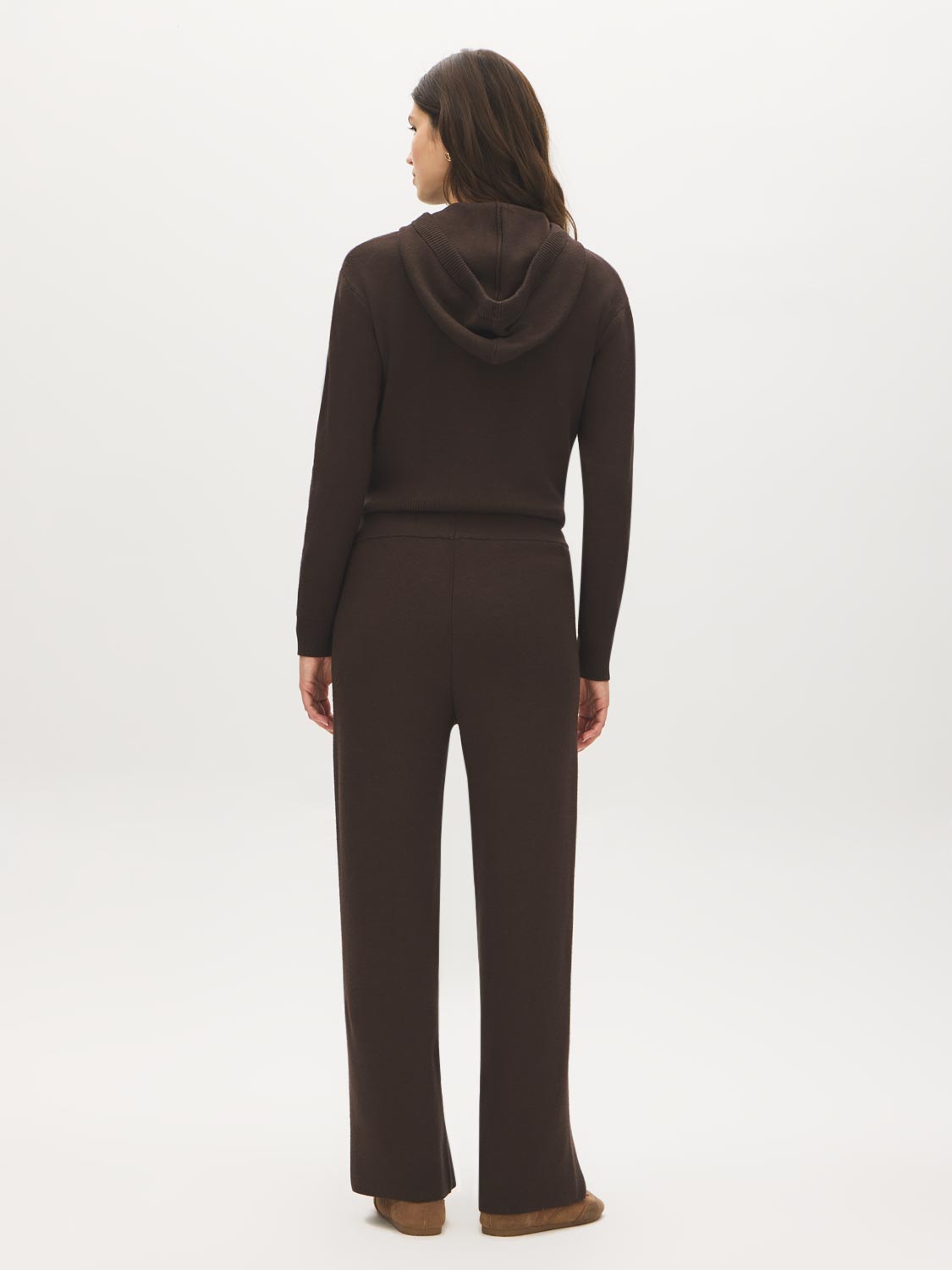 Brown Sweater Knit Straight Leg Pant - Woman Wearing Pull-On Knit Trousers - Suzy Shier