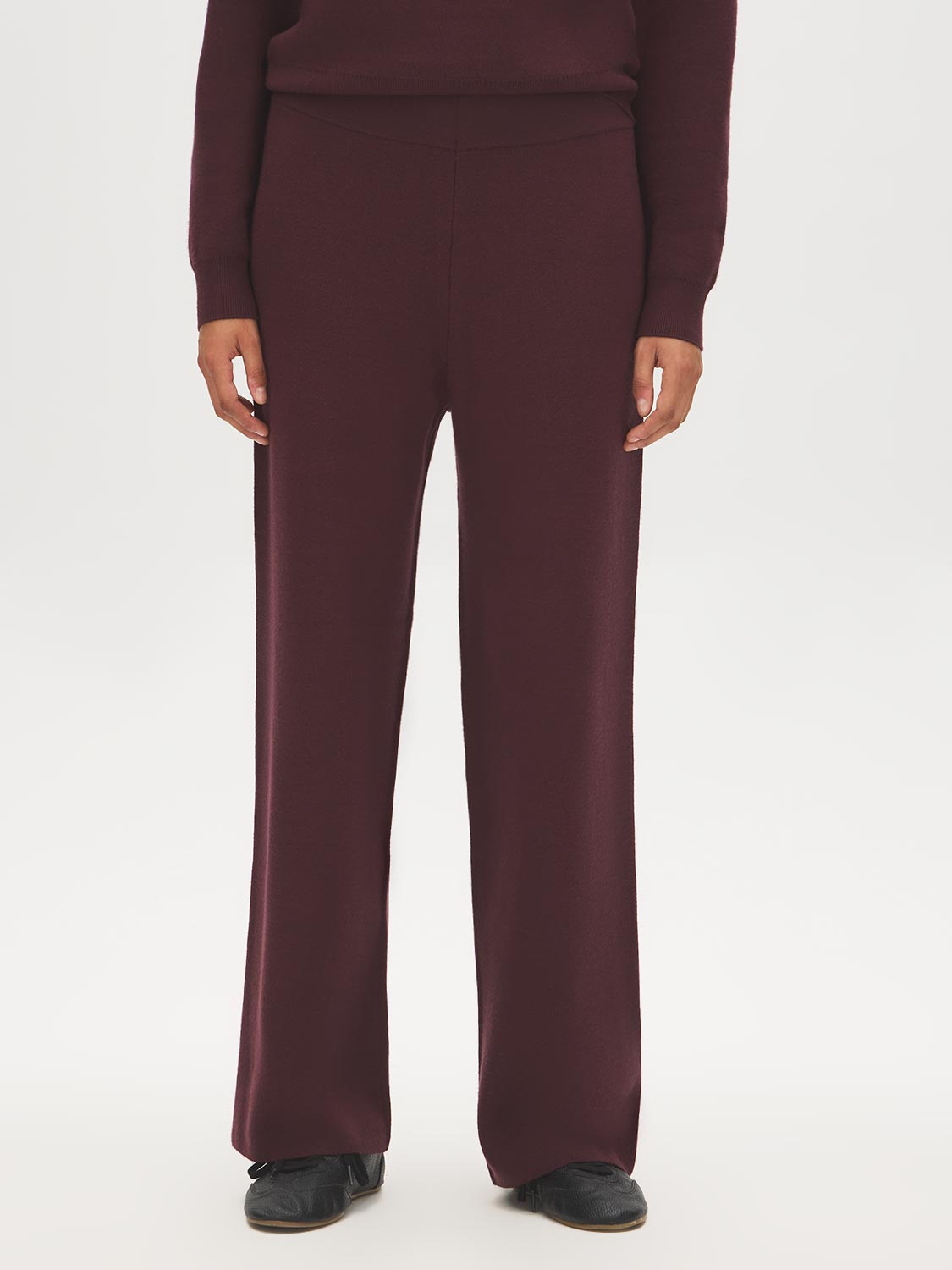Merlot Sweater Knit Straight Leg Pant - Woman Wearing Pull-On Knit Trousers - Suzy Shier