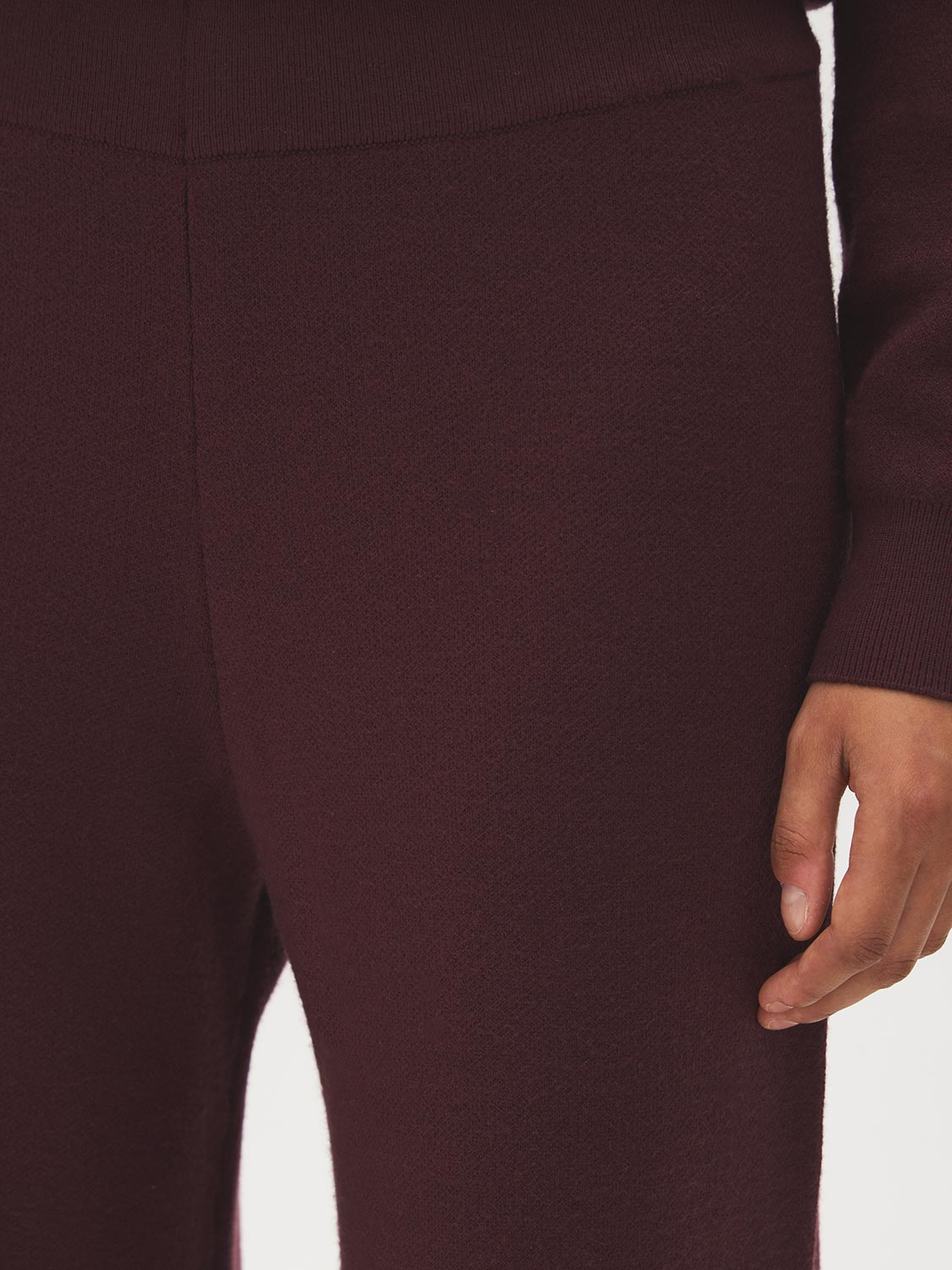 Merlot Sweater Knit Straight Leg Pant - Woman Wearing Pull-On Knit Trousers - Suzy Shier