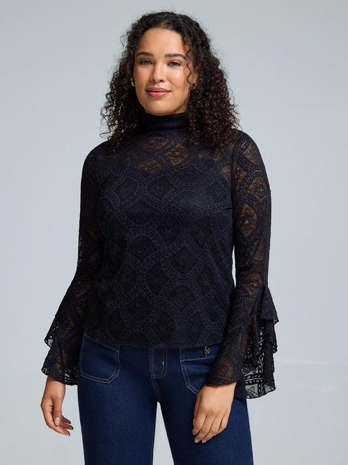Ruffle Sleeve Mock Neck Lace Top
