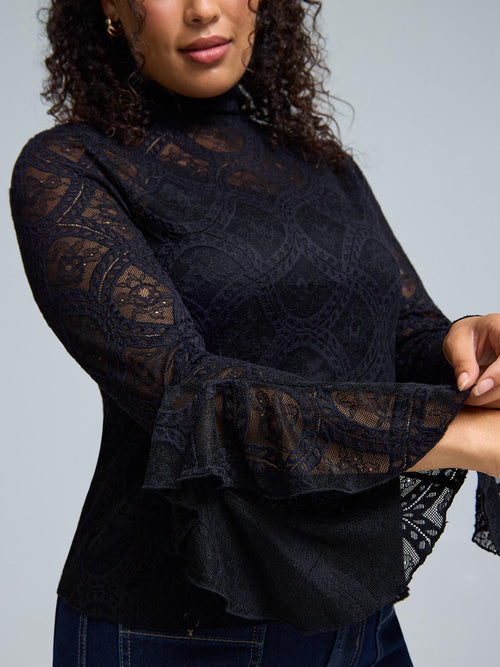 Ruffle Sleeve Mock Neck Lace Top