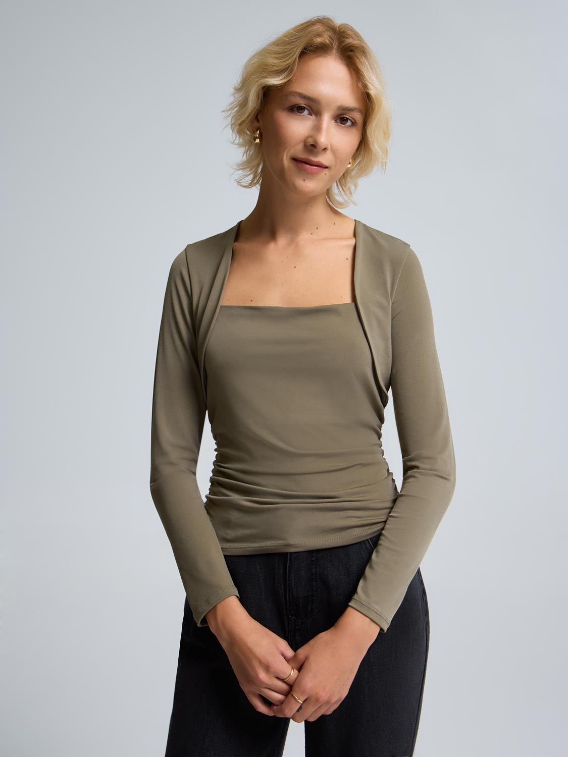 TIMEMEAN Chemisier Femme Boyfriend Oversize Manches Longues - Col V Boutons Couleur Unie