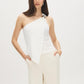 Snow White Asymmetrical One-Shoulder Knit Top - Woman Wearing Sleek Sleeveless Top - Suzy Shier