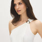 Snow White Asymmetrical One-Shoulder Knit Top - Woman Wearing Sleek Sleeveless Top - Suzy Shier