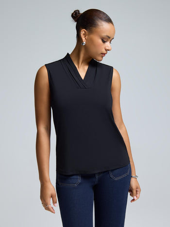 Sleeveless Pleated V-Neck Top Black