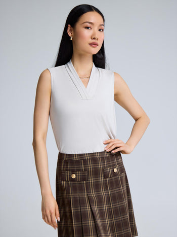 Sleeveless Pleated V-Neck Top Oatmeal
