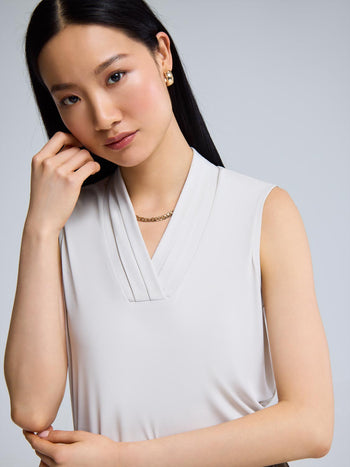 Sleeveless Pleated V-Neck Top Oatmeal