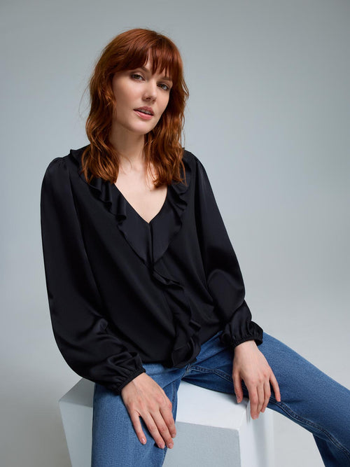 Ruffle V-Neck Satin Top