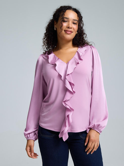 Ruffle V-Neck Satin Top