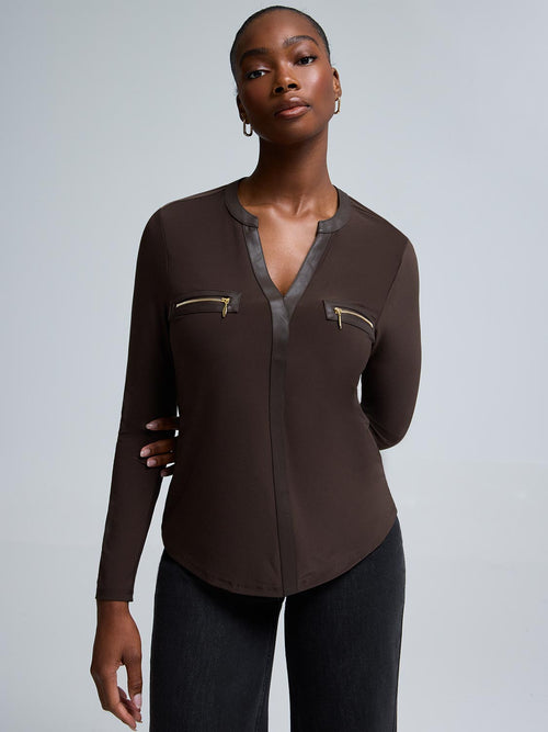 Faux Leather Notch Collar Top