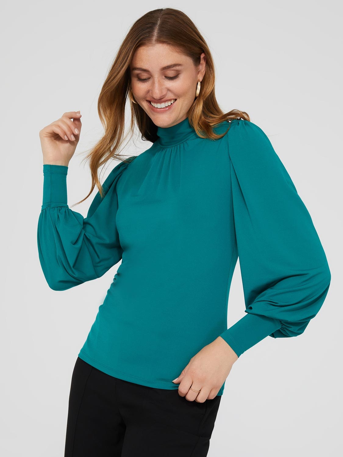 Balloon Sleeve Mock Neck Top With Rhinestone Detail – Suzy Shier