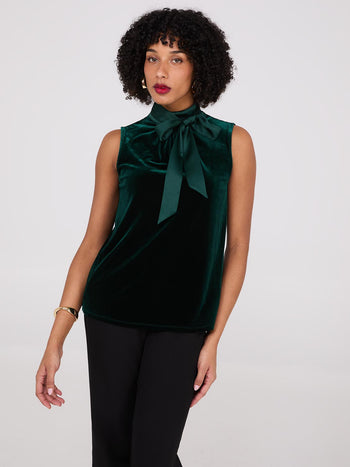 Sleeveless Mock Neck Velvet Top Dk Green