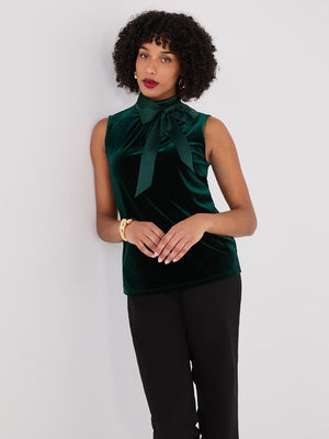 Sleeveless Mock Neck Velvet Top Dk Green