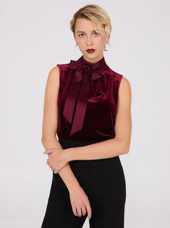 Sleeveless Mock Neck Velvet Top Rumba Red