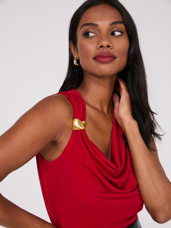 Cowl Neck Top With Metal Buckle Mars Red