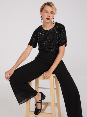 Ruched Short Sleeve Sequin Top Black