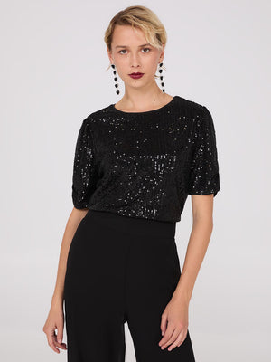 Ruched Short Sleeve Sequin Top Black