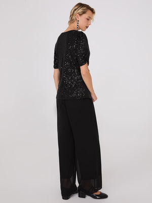 Ruched Short Sleeve Sequin Top Black