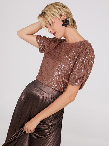 Ruched Short Sleeve Sequin Top Rose