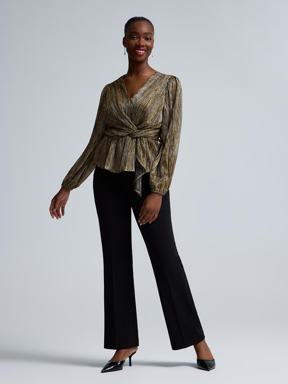 Foil Mesh Sleeve Peplum Top – Suzy Shier