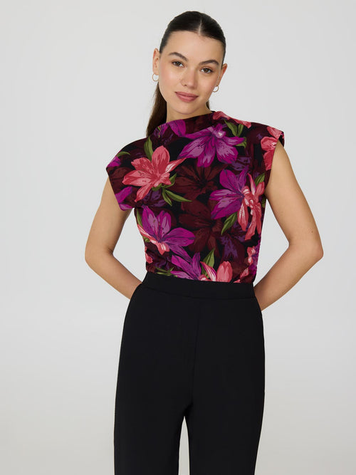 Sleeveless Floral Mock Neck Mesh Top