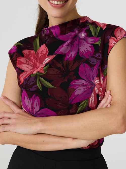 Sleeveless Floral Mock Neck Mesh Top