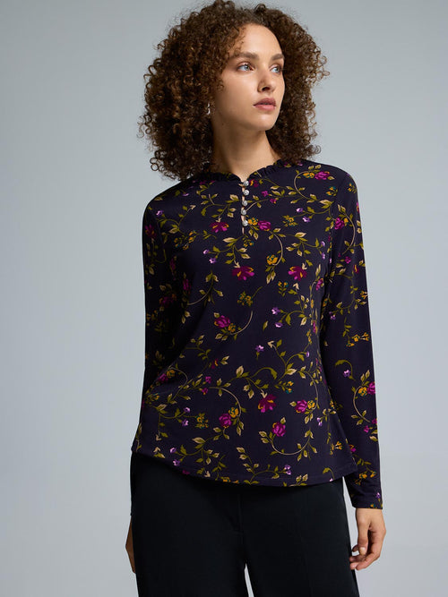 Floral Print Rhinestone Pie Crust Neck Top