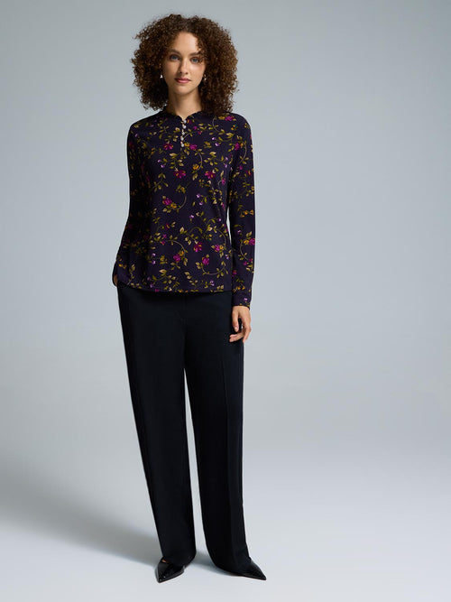 Floral Print Rhinestone Pie Crust Neck Top