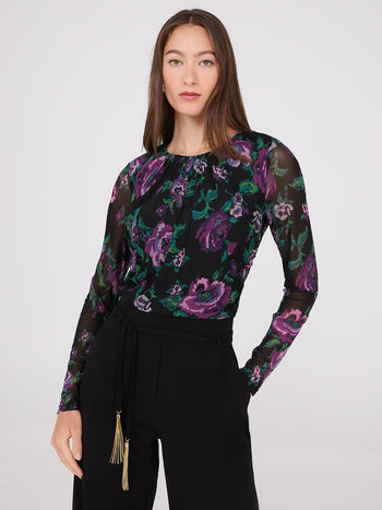 Floral Print Ruched Mesh Top Black