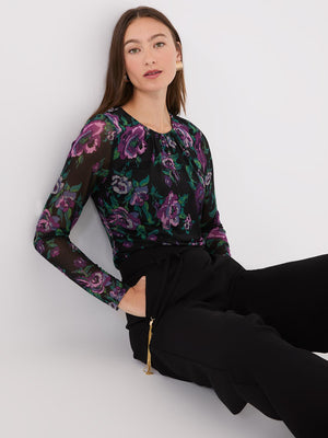 Floral Print Ruched Mesh Top Black