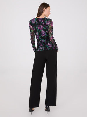 Floral Print Ruched Mesh Top Black