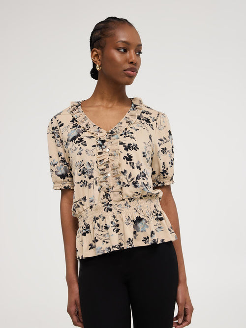 Textured Floral Print V-Neck Top