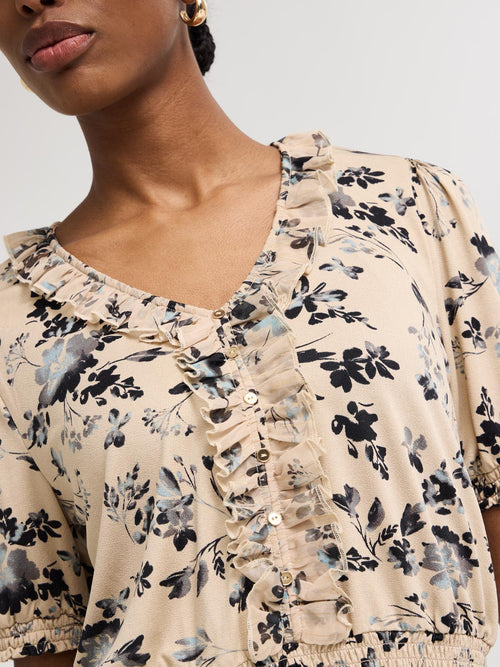 Textured Floral Print V-Neck Top