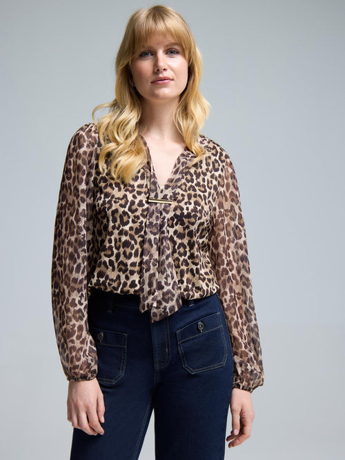Animal Print Chiffon Sleeve Metallic Top