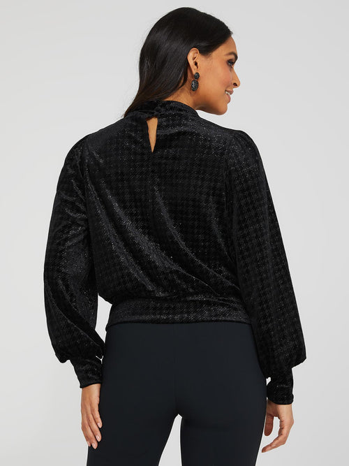 Velvet Glitter Houndstooth Mock Neck Top