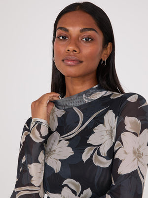 Floral Print Mock Neck Mesh Top Black