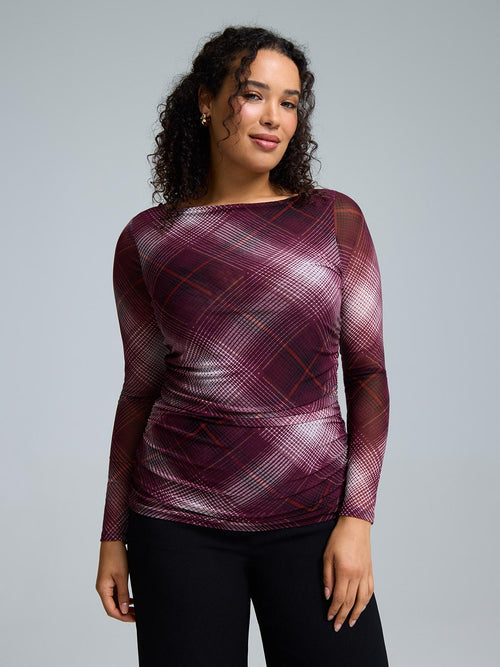 Plaid Boat Neck Mesh Top